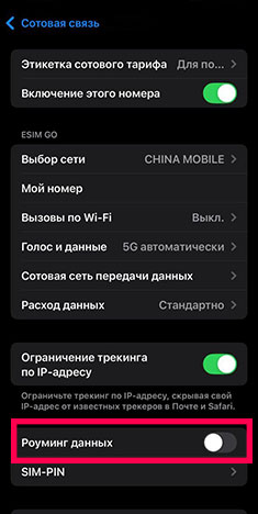 Настройка Роуминг данных выключена на iPhone